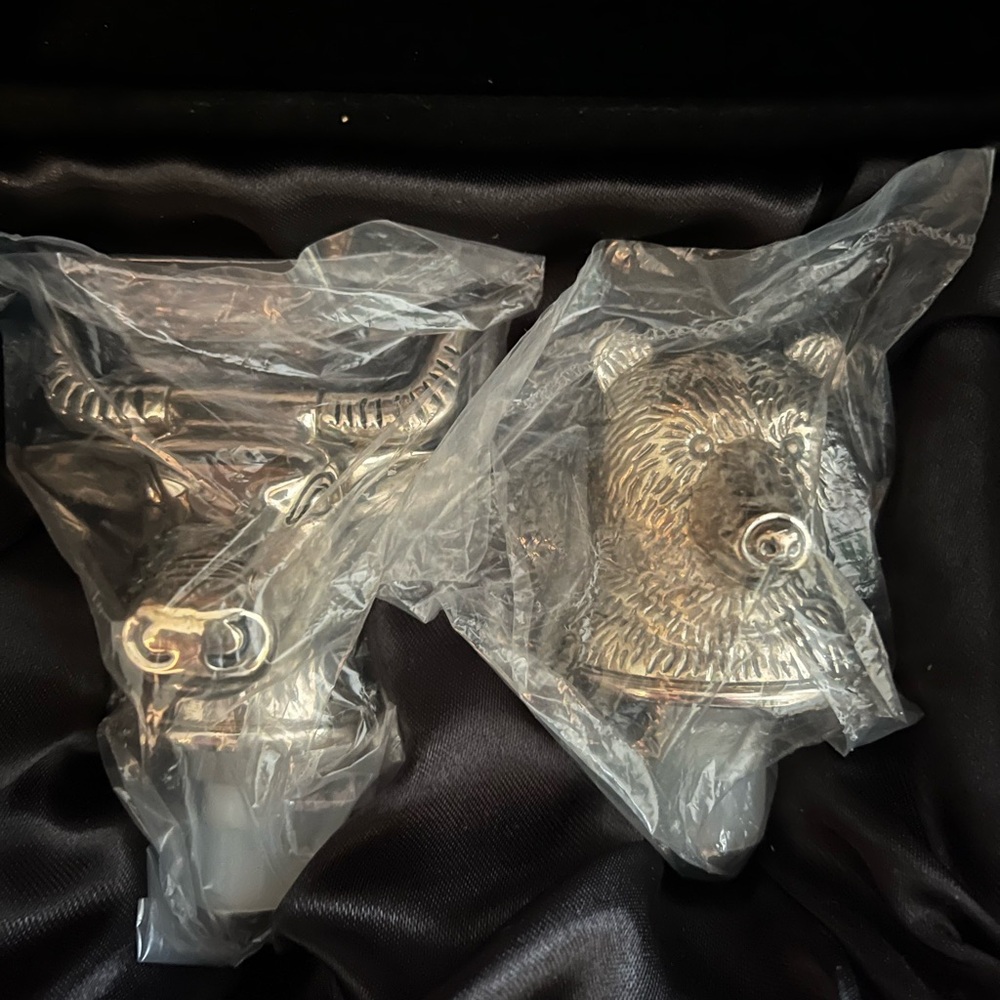 Neiman Marcus Bull and Bear Silver Plated Wine Stoppers Vintage. Never used.